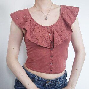 Vintage Y2K ruffly pink button-up top with ruffle collar from American Eagle